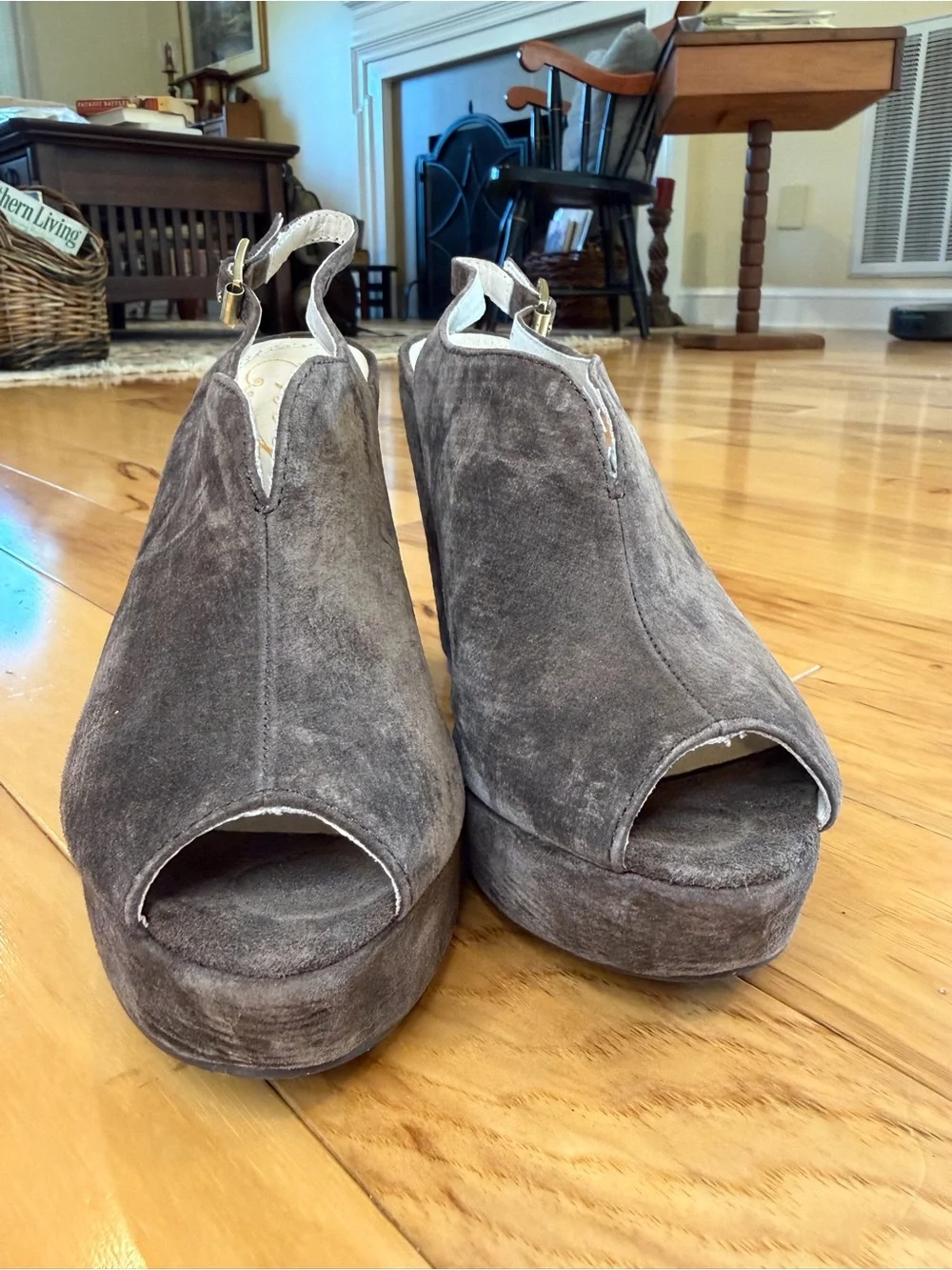 ENVY Foxy Dark Grey Suede Platform Wedge Heels Peep Toe Slingback Sz 7.5⁠